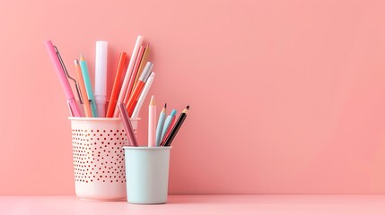 Colorful pencils and pens on pink background