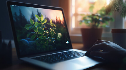 植物の壁紙が表示されたノートパソコンと自然光が差し込む室内の雰囲気