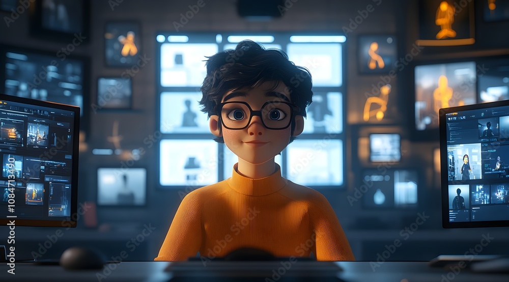 Aufkleber a young person with glasses sits in front of multiple computer screens, surrounded by digital images