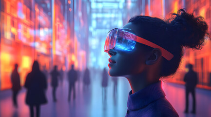 Obraz premium A person wearing futuristic VR goggles amidst a vibrant, illuminated urban environment, surrounded by indistinct figures.