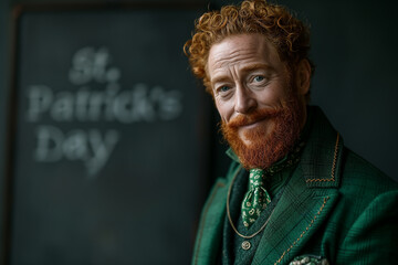 Man green traditional Irish attire holding Happy St. Patrick's Day sign. Copy space.