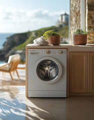 Modern washing machine with a scenic view of nature creating a relaxing atmosphere