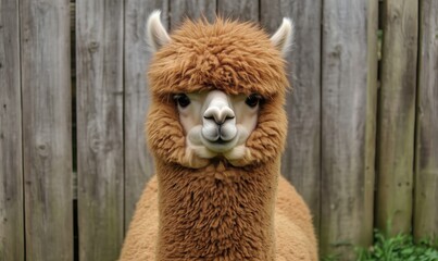 Fluffy alpaca portrait, close-up of face, soft fur, expressive eyes, wooden fence background, vibrant colors
