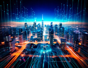 AI, complex computer network of interconnected nodes with data lines flowing between theml