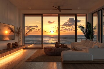 Interior view of a beach condo overlooking the ocean at sunset with reflective lighting