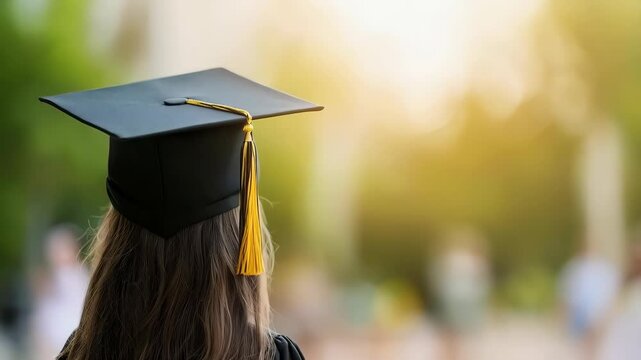 education curriculum achievement concept. A graduating student in a cap and gown stands outdoors, gazing toward a bright, hopeful future, celebrating achievements with a sense of accomplishment.