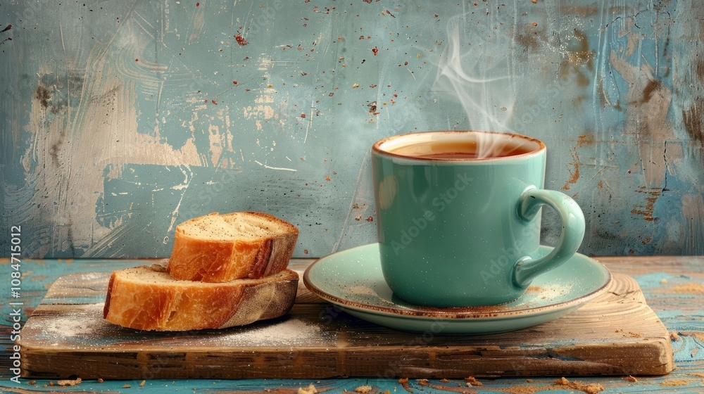 Poster a steaming cup of tea on a rustic table with slices of bread, creating a cozy and inviting atmospher