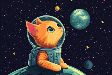 Fototapeta premium A cute orange cat in a space helmet gazes at planets in a colorful cosmic background.