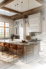 Fototapeta premium Minimalistic kitchen layout featuring cabinets, island, and dining area in balanced lighting