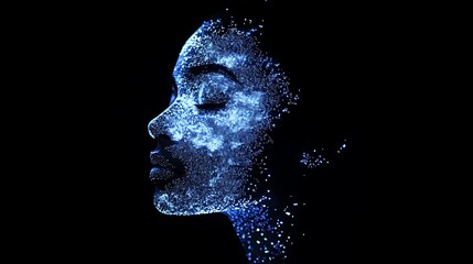 A profile portrait of a woman made of digital particles, glowing blue on a black background.