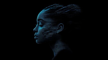 A profile portrait of a woman's face with digital code overlay, against a dark background.