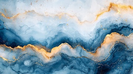 Abstract blue and gold marbled design with fluid patterns and textures.