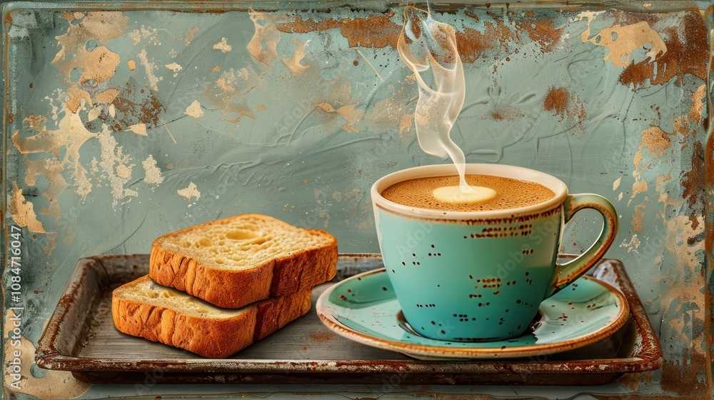 Poster a steaming cup of coffee with two slices of toast on a rustic tray.