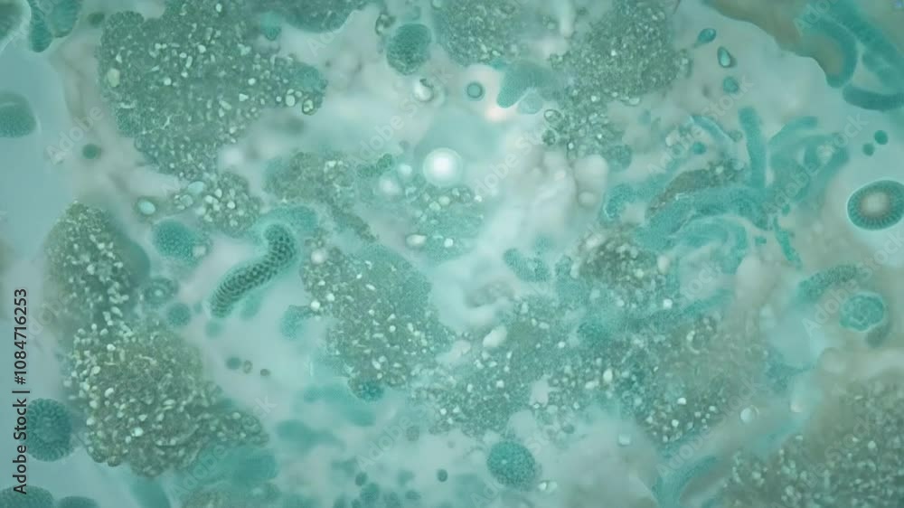 Poster close up of intricate abstract biological textures in turquoise and white, showcasing cellular micro