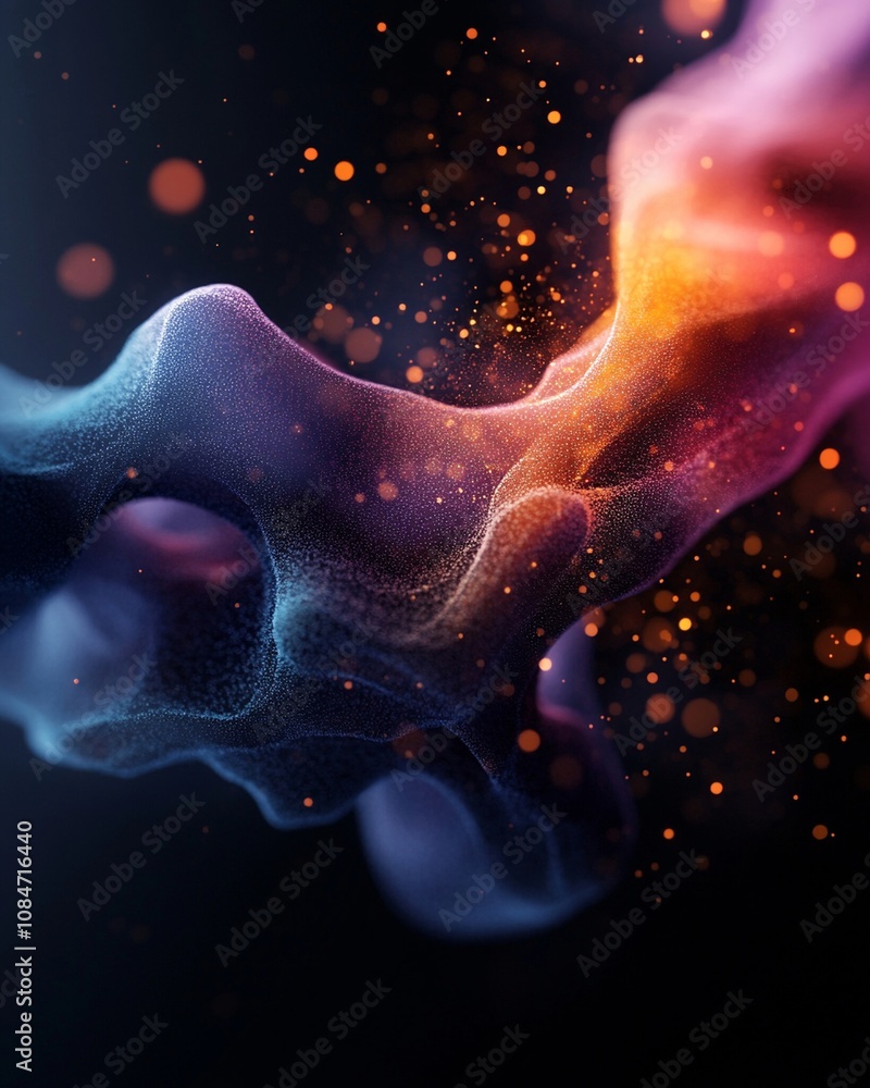 Poster colorful abstract representation of molecular interaction with vibrant particles and fluid shapes, c