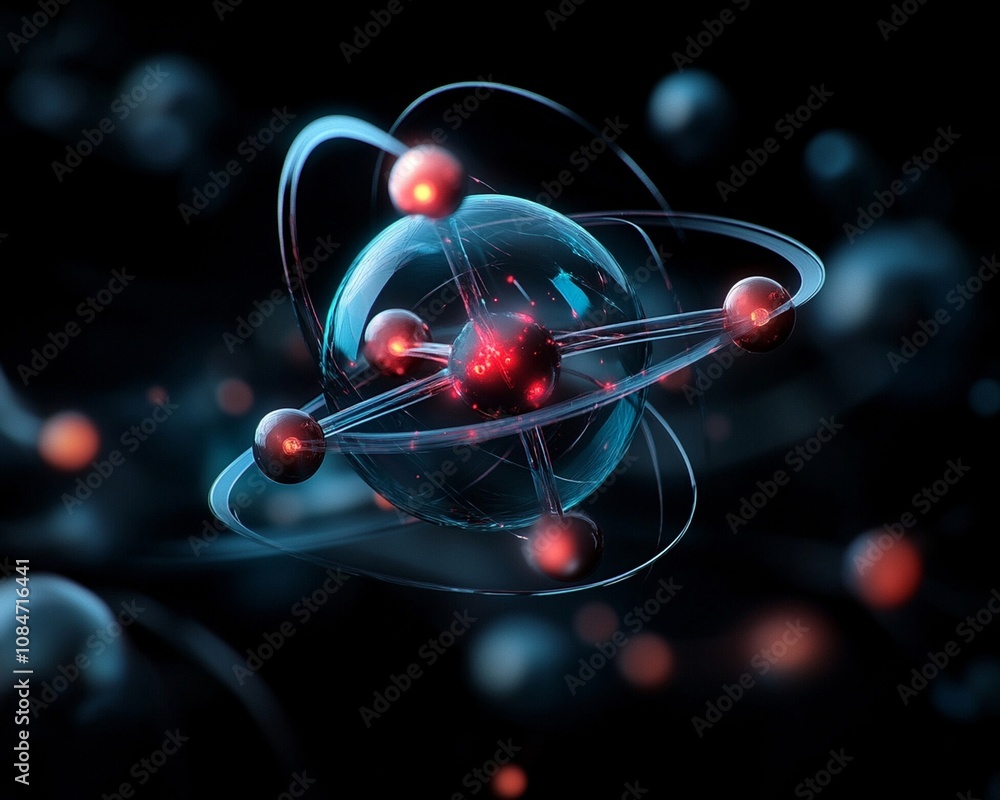 Poster futuristic atom model with glowing elements, symbolizing energy and science. this digital illustrati