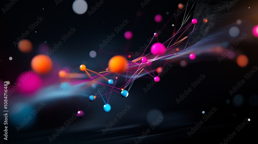 Poster Vibrant abstract molecule structure with colorful spheres and lines, showcasing dynamic movement and energy in dark background