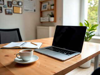 Fototapeta premium laptop sobre escritorrio de trabajo, con libreta y taza de cafe, en entorno de ofina acojedor.
