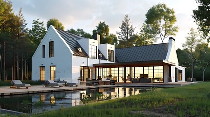 Cozy classic house in colonial style. Modern Farmhouse