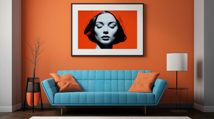 Mid Century Modern Living Room Teal Sofa Orange Wall Woman Portrait Art