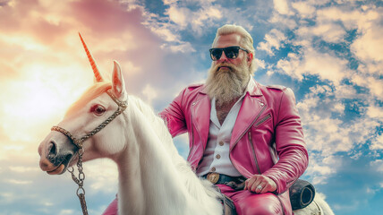 A man riding a white unicorn in a pink suit under a bright cloudy sky, creating a whimsical and magical atmosphere