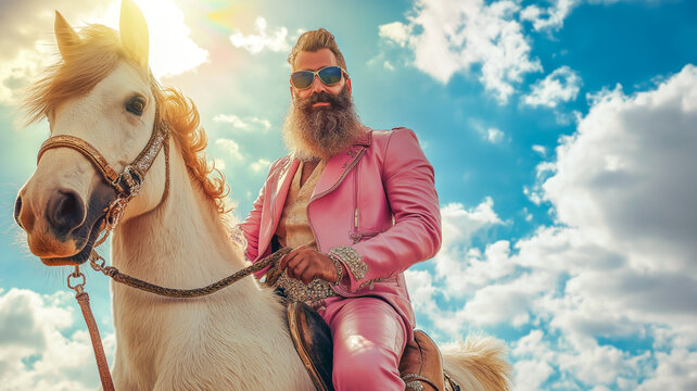 A stylish man riding a white horse in a pink suit under a bright sunny sky, exuding elegance and confidence