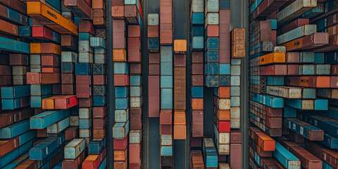 Bunte Container im Hafen aus der Vogelperspektive

