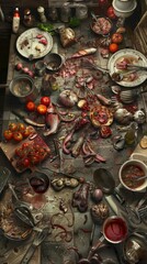 Dive into a nightmarish world of culinary surrealism from a birds-eye view perspective Picture a haunting kitchen scene with twisted utensils