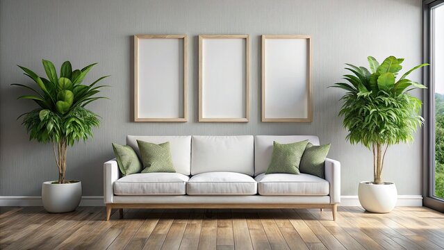 Modern Minimalist Living Room with White Sofa, Natural Light, Vertical Frames, and Lush Green Plants for Interior Design Inspiration