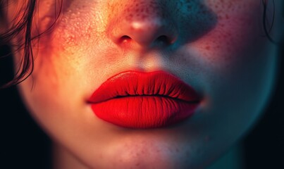 Obraz premium Close-up of vibrant red lips, detailed skin texture, freckles, dramatic lighting
