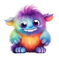 Rainbow-Colored Fuzzy Monster with Large Eyes and a Friendly Smile