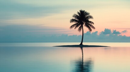 Obraz premium A single palm tree stands on a small island in the middle of a calm ocean at sunset. 
