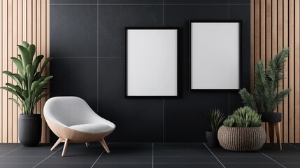 Modern interior design with a white chair, two blank frames, a wooden paneled wall, and several green plants in black pots and a woven basket.