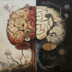 Surreal Artwork Representing Duality of Mind and Nature with Organic Elements and Intricate Brain Structures in Contrasting Color Palettes