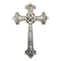 Ornate silver cross with intricate carvings and floral designs.