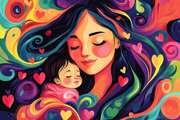 A colorful abstract illustration of a mother and child with swirls of color and hearts.