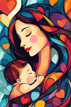 A colorful abstract illustration of a mother and child with swirls of color and hearts.