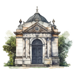 Obraz premium Elegant Watercolor Painting of a Classical Mausoleum, Surrounded by Greenery