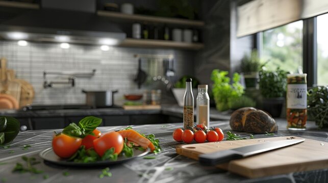 Explore the artistry of a gourmet kitchen through a unique virtual reality lens, showcasing a chefs delicate knife skills in 3D