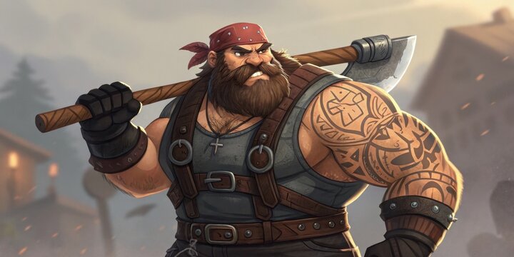 Character Eight A robust burly figure with a bushy beard and a tattooed arm. Hes decked out in leather attire complete with a bandana looking like a tough brawler ready for combat.