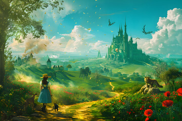 Naklejka premium Magical Journey in the Land of Oz: Emerald City, Yellow Brick Road, and Enchanting Characters