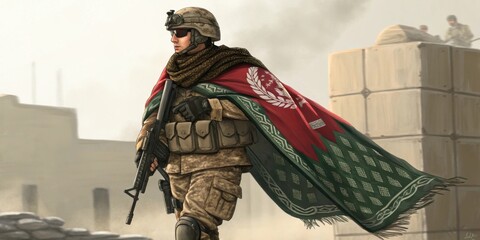Digital illustration of an afghan soldier wearing traditional attire and holding an assault rifle while walking in a war zone, other soldiers are visible in the background
