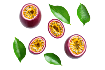 Passion fruit with leaf top view isolated png on a transparent background