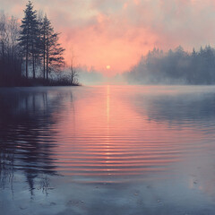 Fototapeta premium Gentle ripples on a still lake during sunrise, soft mist hovering over the water, pastel hues reflecting on the surface, peaceful and reflective.