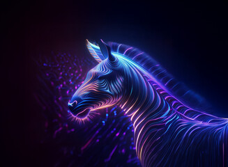 Glowing zebra head, rendered in vibrant neon purple and blue hues.  Intricate lines define its form against a dark background, creating a mystical and energetic digital art piece.  Sparkling particles