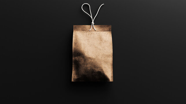 Brown kraft paper bag with string tie against a dark gradient background, minimalistic packaging design concept.