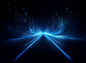 Obraz premium Abstract digital art depicting a glowing blue highway extending into a dark, starlit expanse. The lines converge at a vanishing point, creating a sense of depth and futuristic speed.
