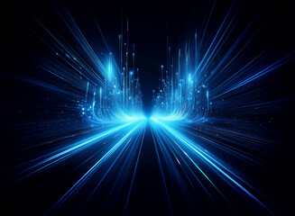 A futuristic highway stretches into a glowing cityscape, streaks of light radiating from the speeding perspective.  The scene is vibrant, dynamic, and suggests rapid technological advancement.