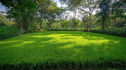 Lush green rice paddy field surrounded by trees under sunlight.