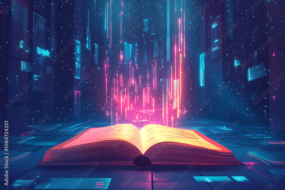 Poster an open book surrounded by digital elements, symbolizing knowledge in a tech world.